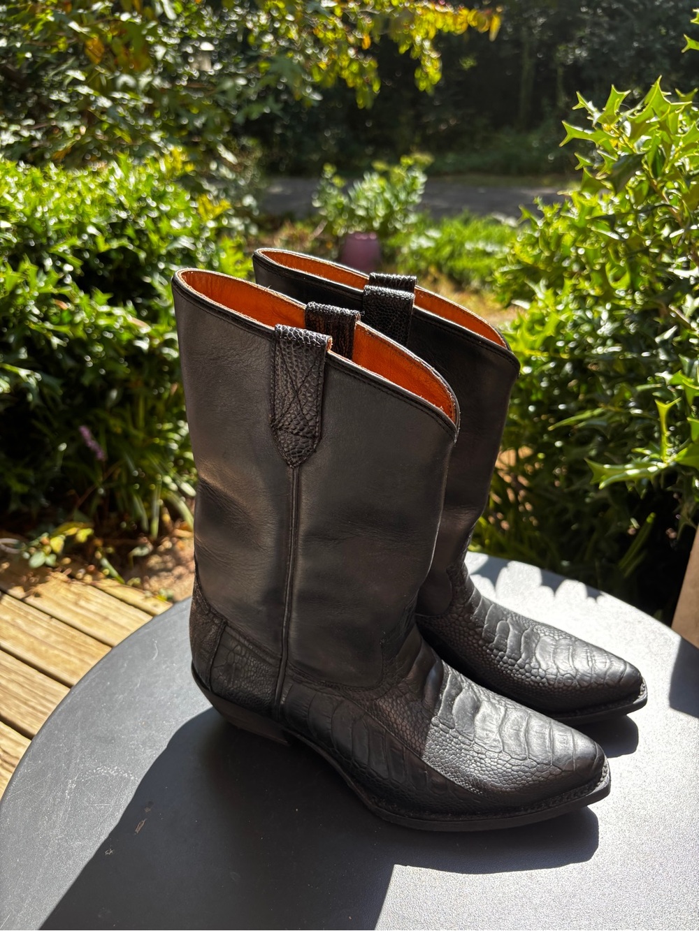 Frye Black Leather Mid-Calf Heeled Western Boots ostrich Leather